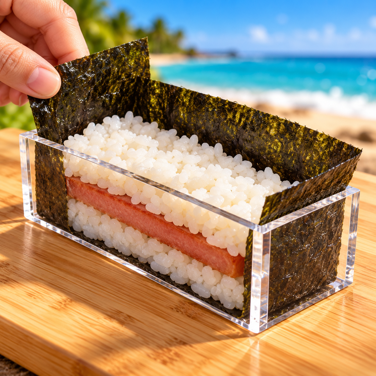 Nori lining the inside of a clear musubi mold before the rice and filling are pressed