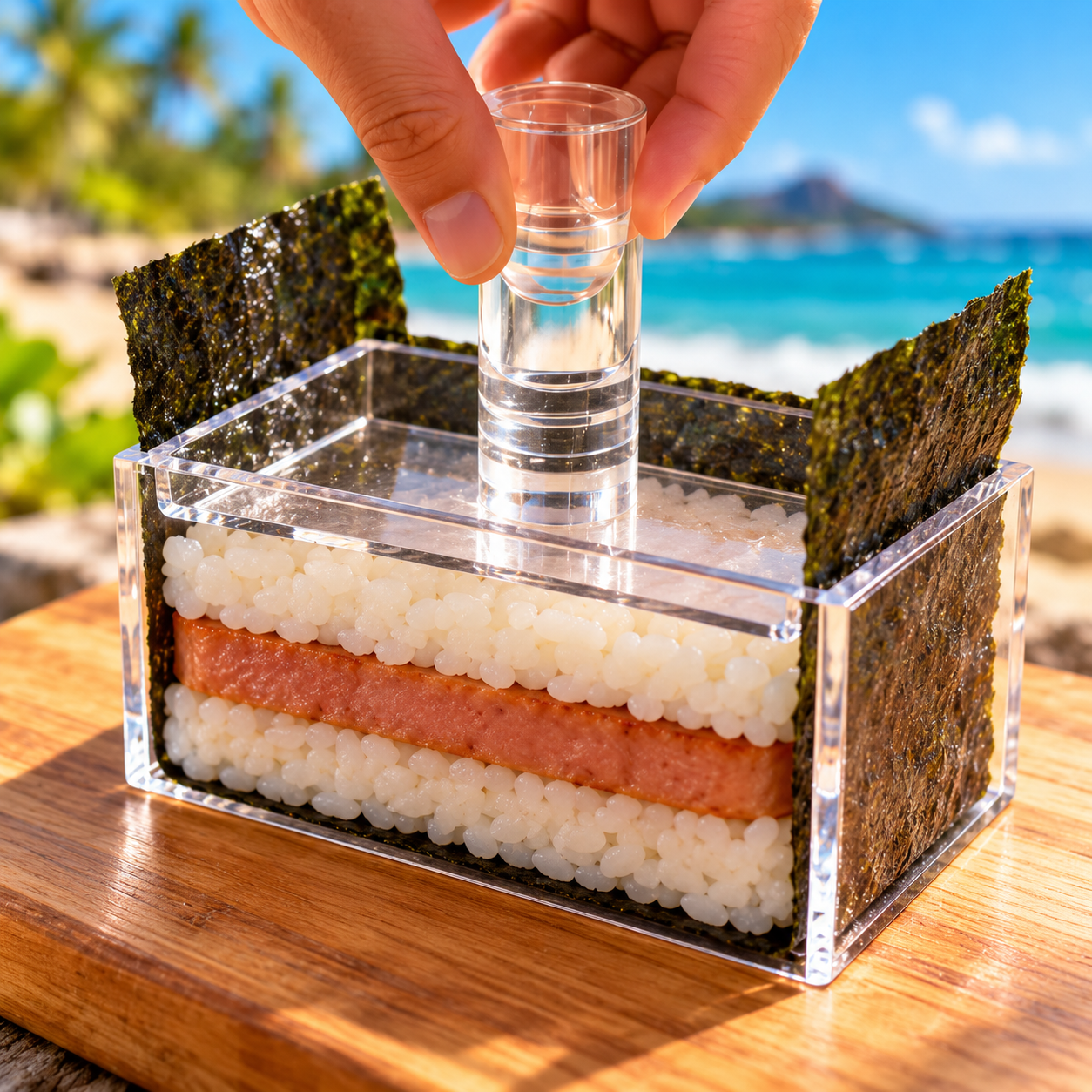 Plunger pressing ingredient layers evenly with nori inside the mold and its ends above the rim