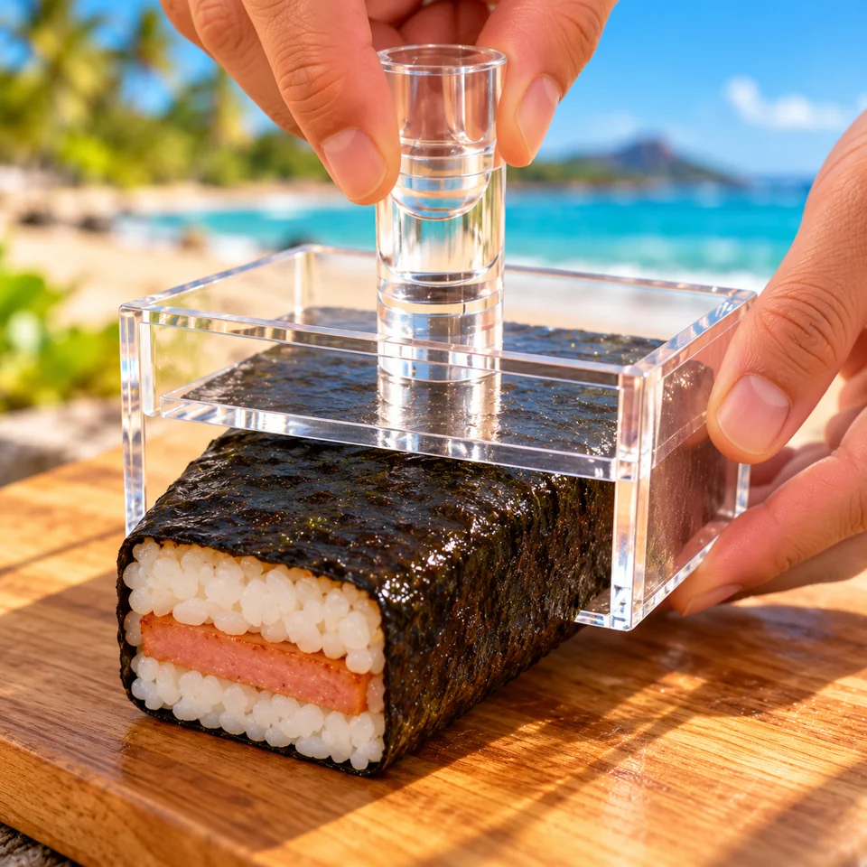 Plunger pushing the already wrapped musubi through the open bottom of the mold
