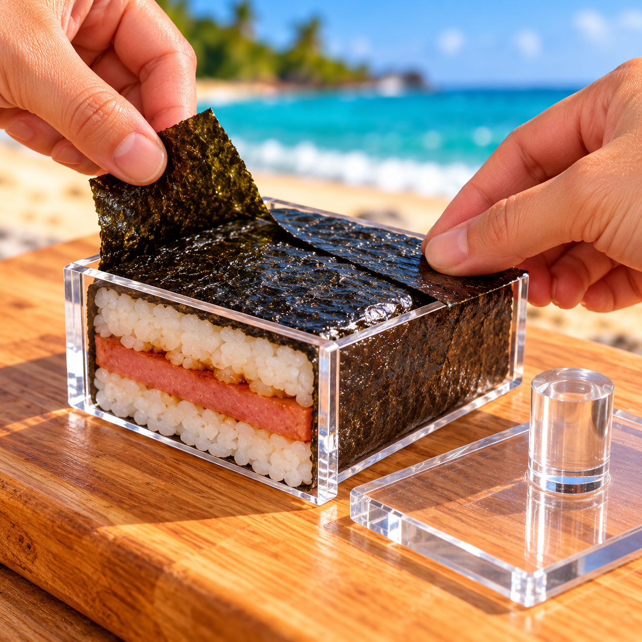 Nori ends folded over the ingredient layers while the musubi remains inside the mold