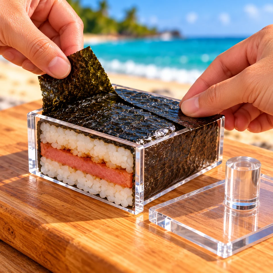 Nori ends folded over the ingredient layers while the musubi remains inside the mold