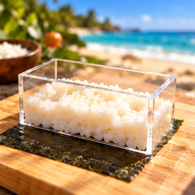 Rice in a clear musubi mold on a sheet of nori