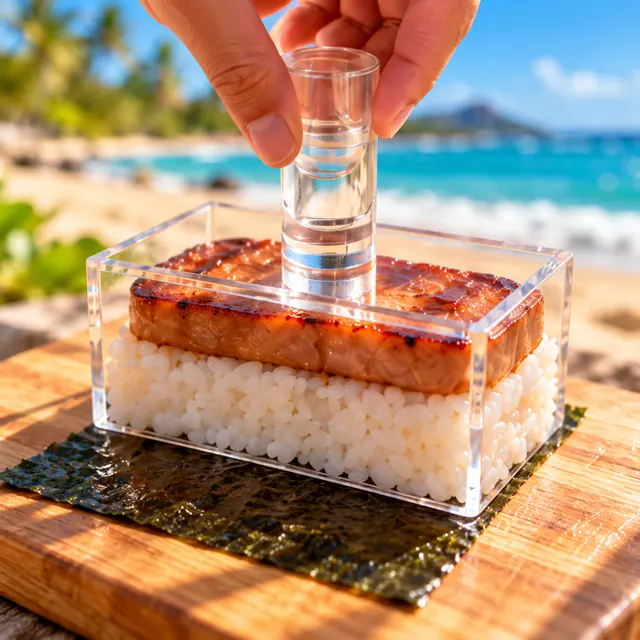 A clear tamper pressing rice and SPAM inside a musubi mold