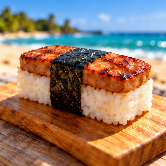 Finished musubi with grilled SPAM, rice, and a band of nori